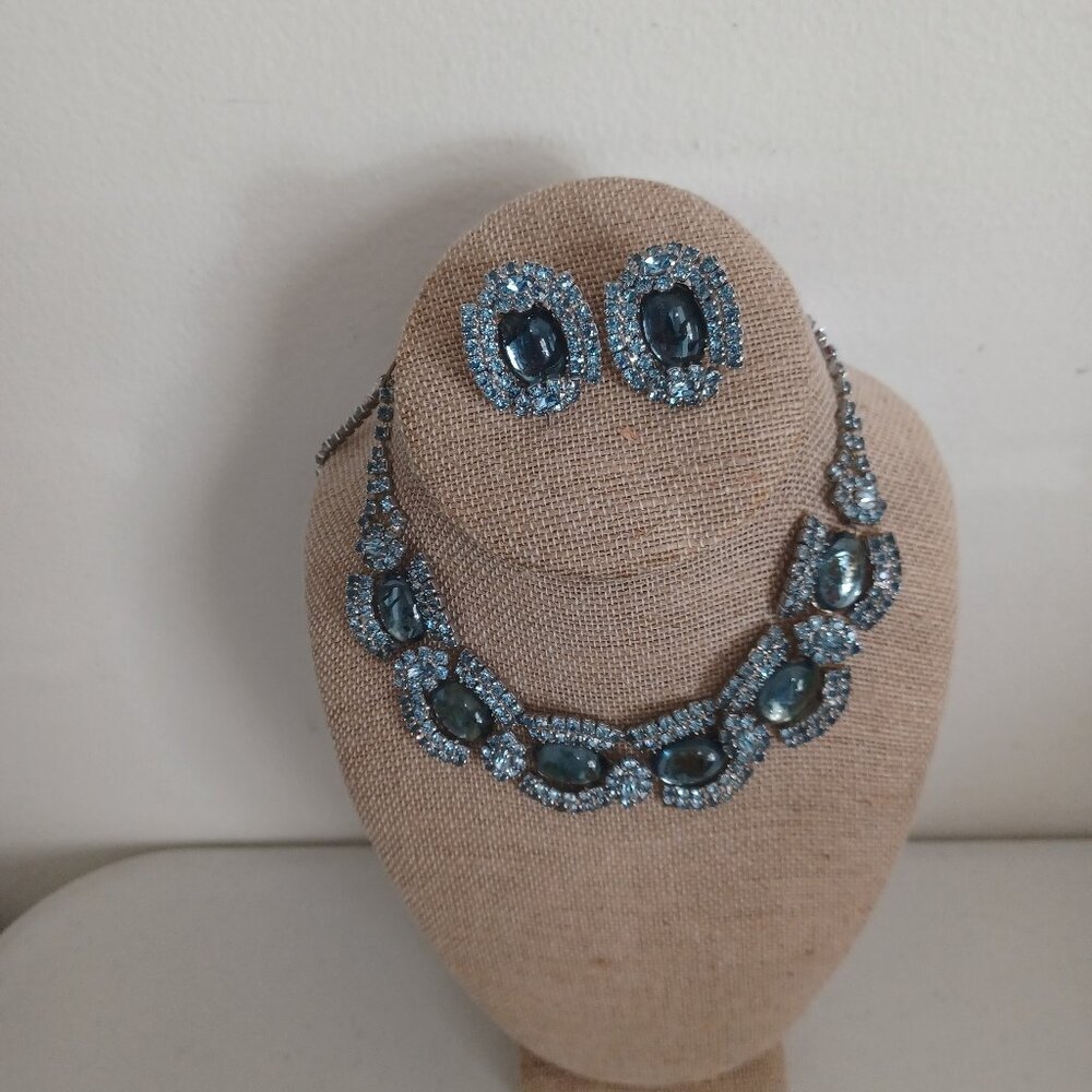 Vintage Blue Cabochon Rhinestone Choker and matching earrings 1950s 60s Glamour